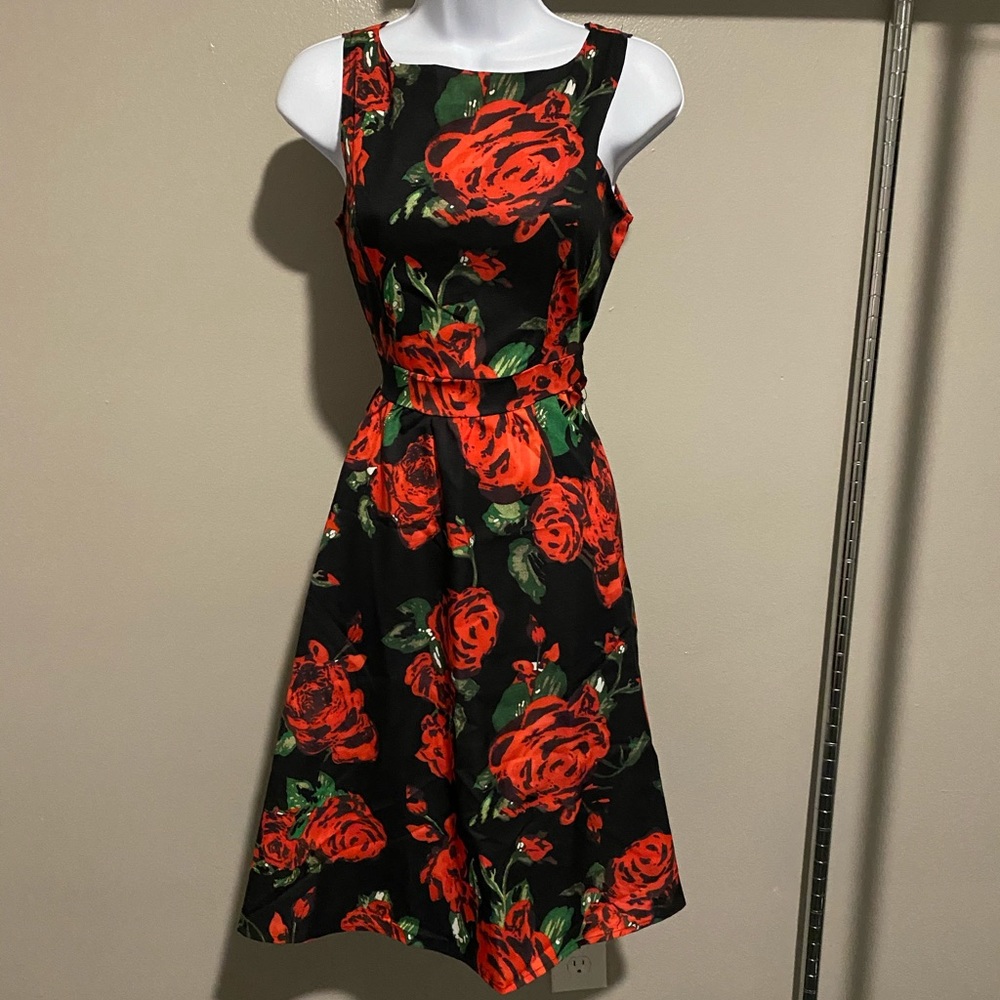 Rose covered dress, knees length.